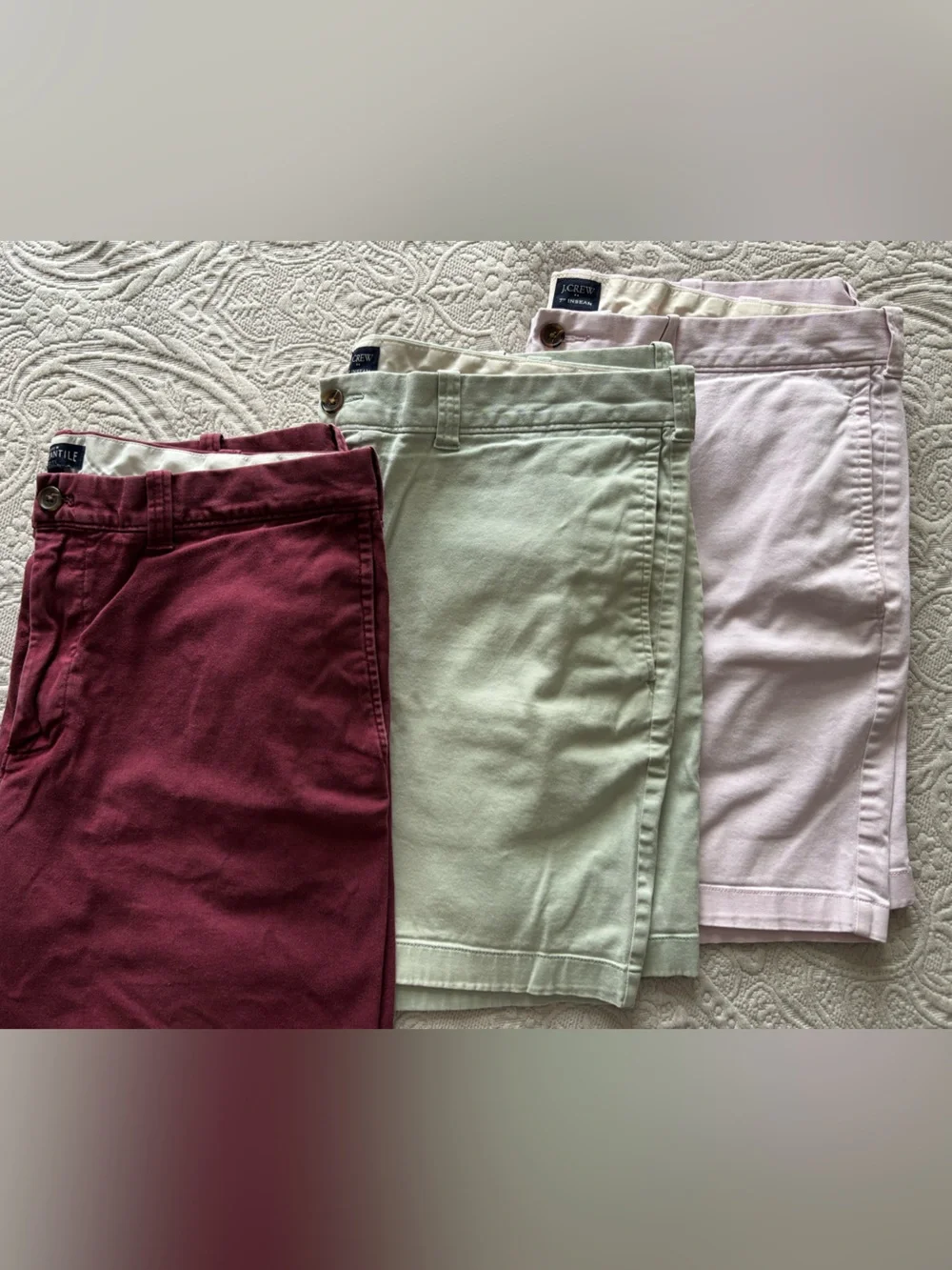 J. Crew Men’s Flat-Front Chino Shorts in Burgundy, Mint & Light Pink